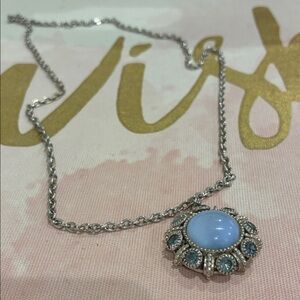 Sterling Silver Like Blue Cabochon Like Rhinestone Flower Design Necklace